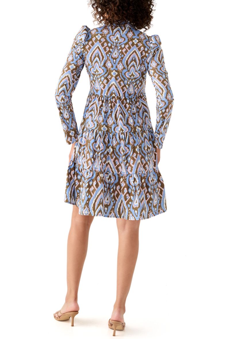 Womens Printed Poplin Flutter Shoulder Dress