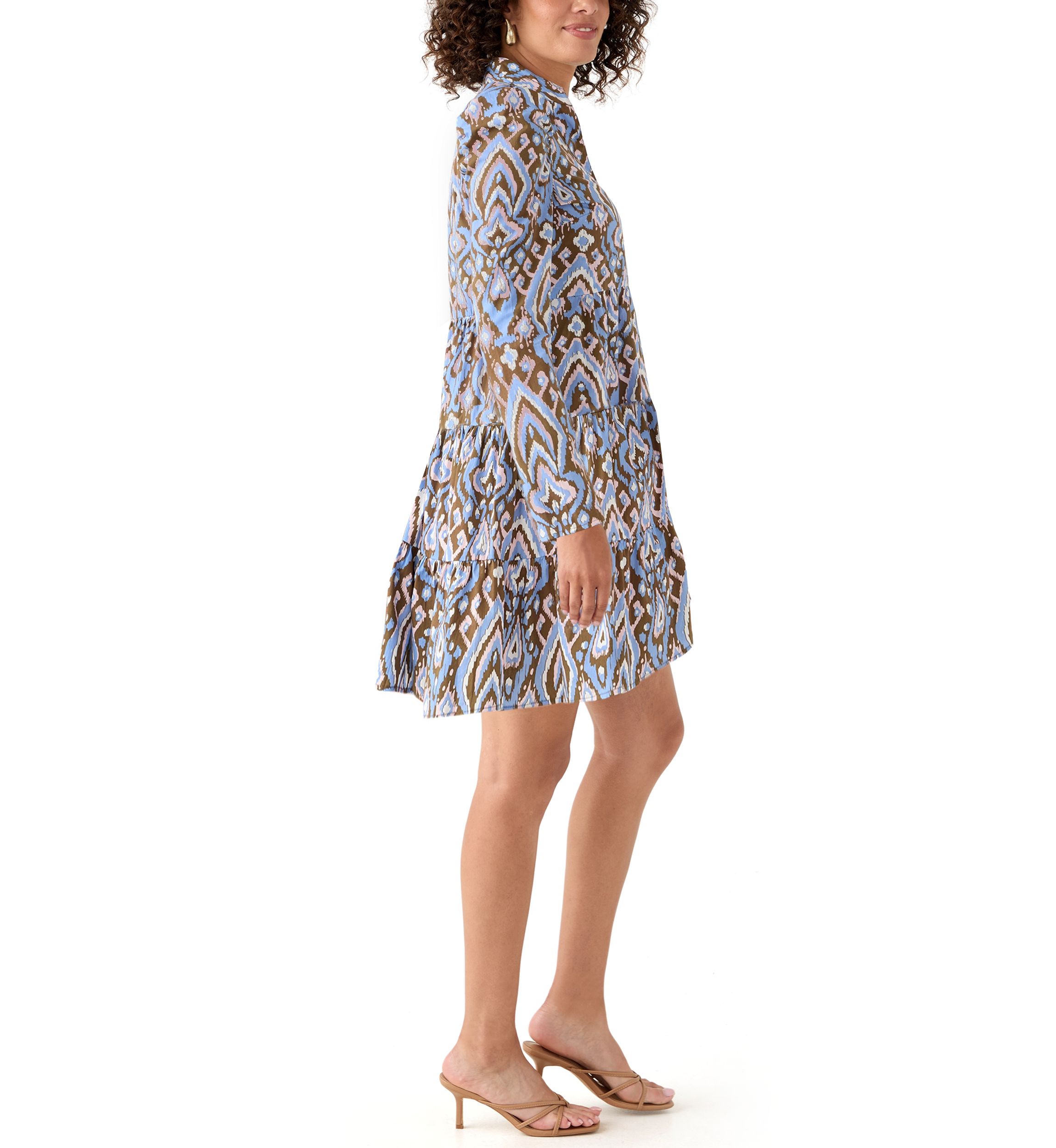 Womens Printed Poplin Flutter Shoulder Dress