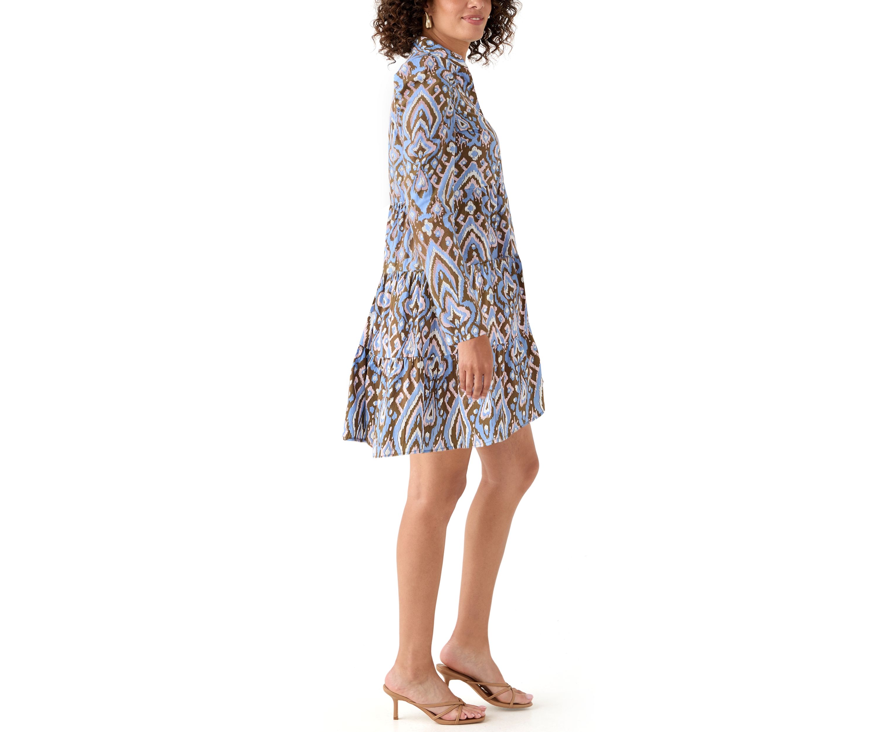 Womens Printed Poplin Flutter Shoulder Dress