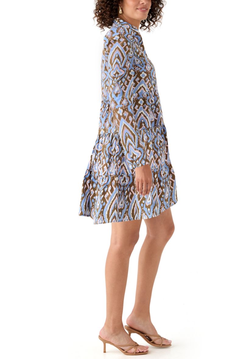 Womens Printed Poplin Flutter Shoulder Dress