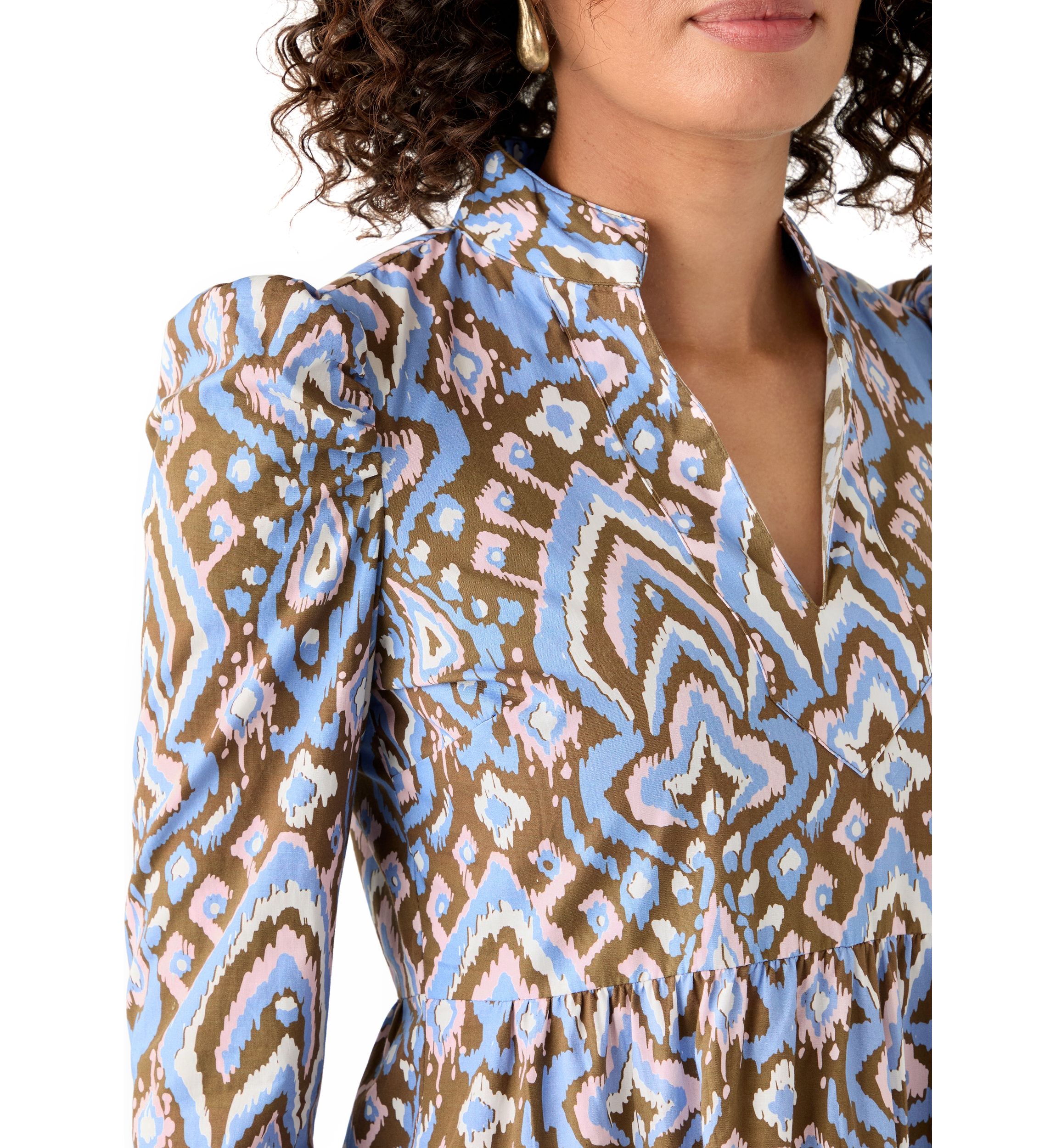 Womens Printed Poplin Flutter Shoulder Dress