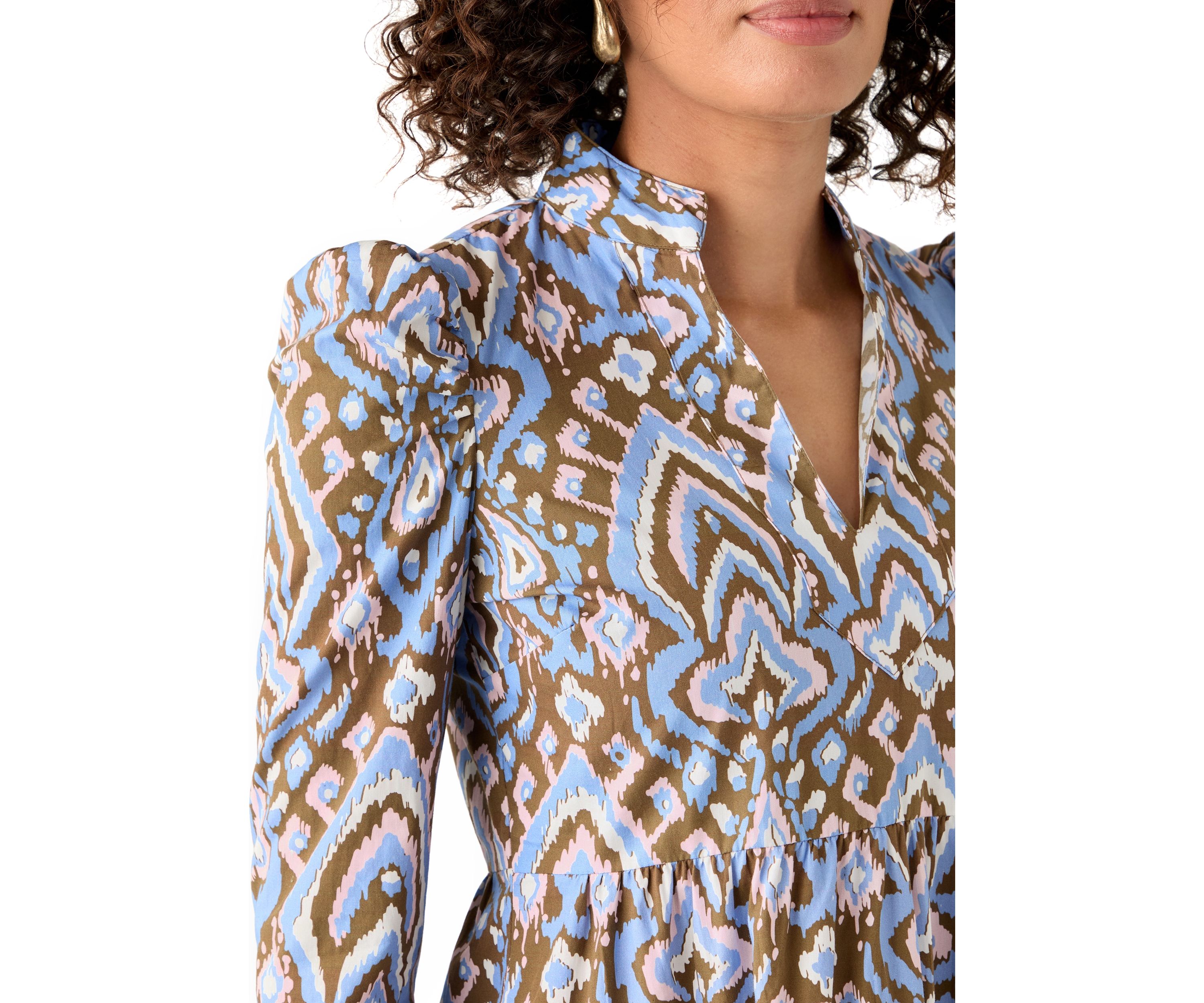 Womens Printed Poplin Flutter Shoulder Dress