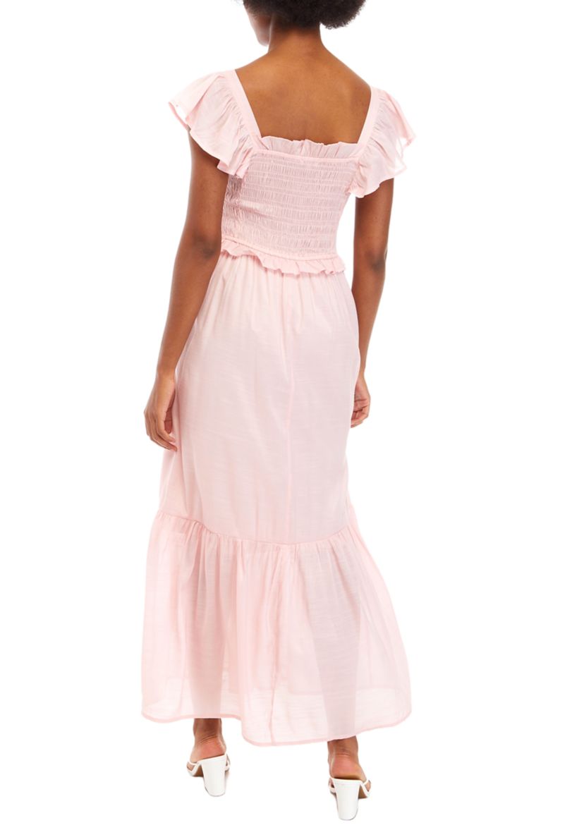 Womens Flutter Sleeve Smocked Midi Dress 