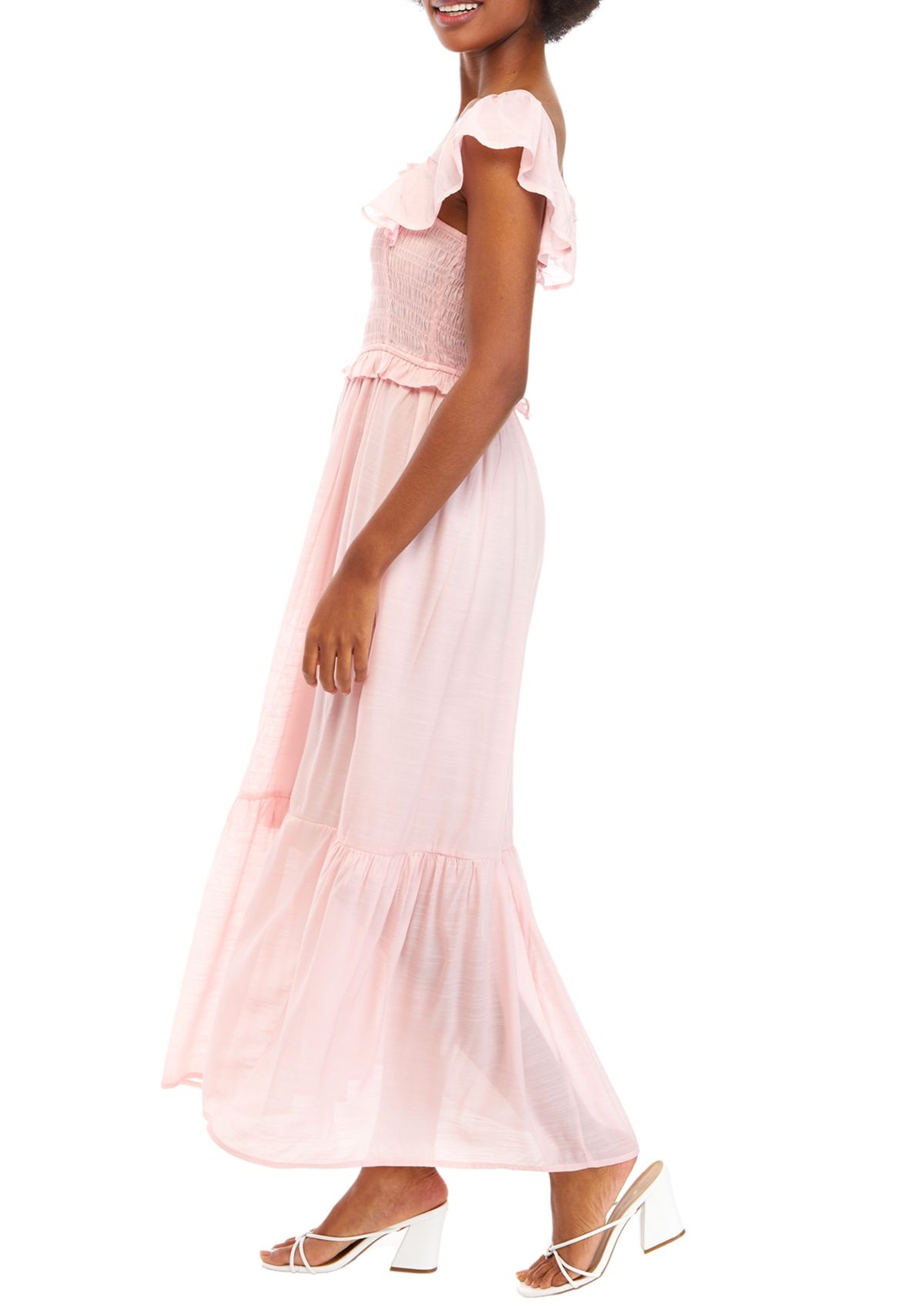 Womens Flutter Sleeve Smocked Midi Dress 