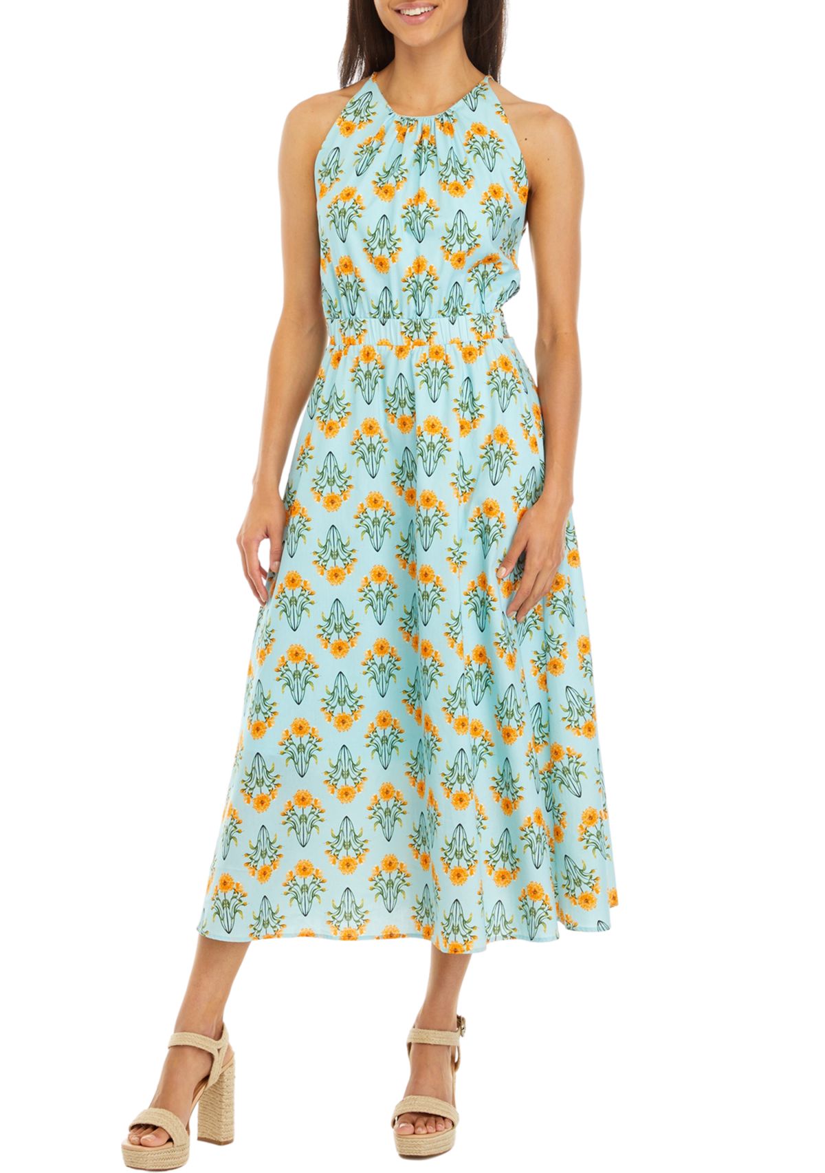 Womens Sleeveless Floral Print Midi Dress