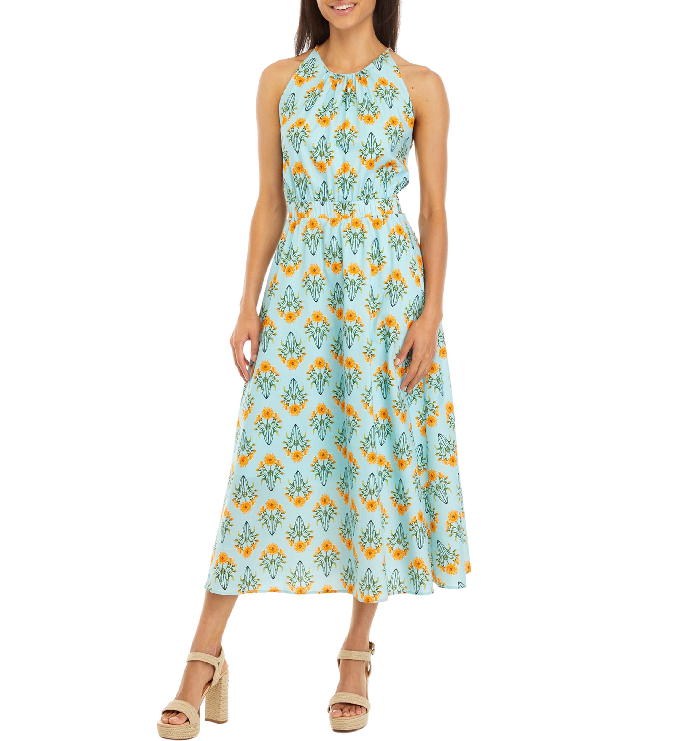 Womens Sleeveless Floral Print Midi Dress