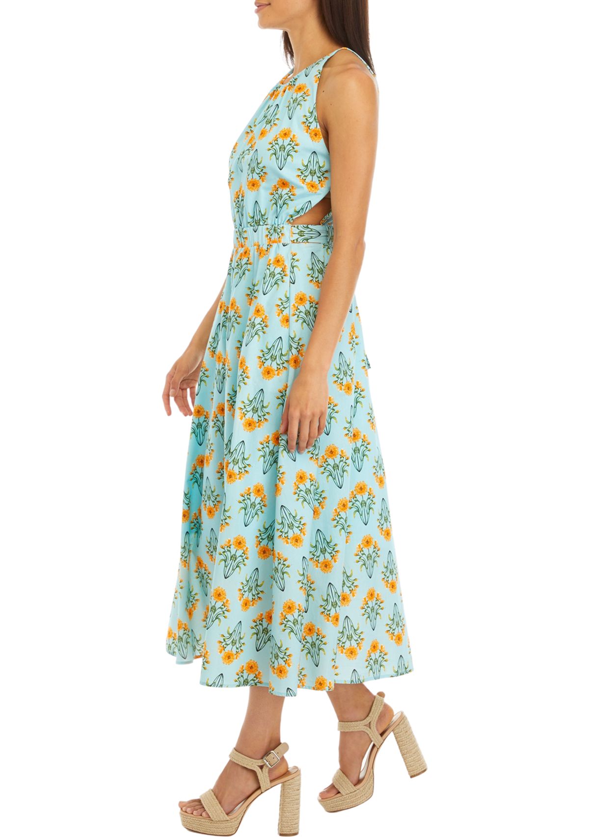 Womens Sleeveless Floral Print Midi Dress