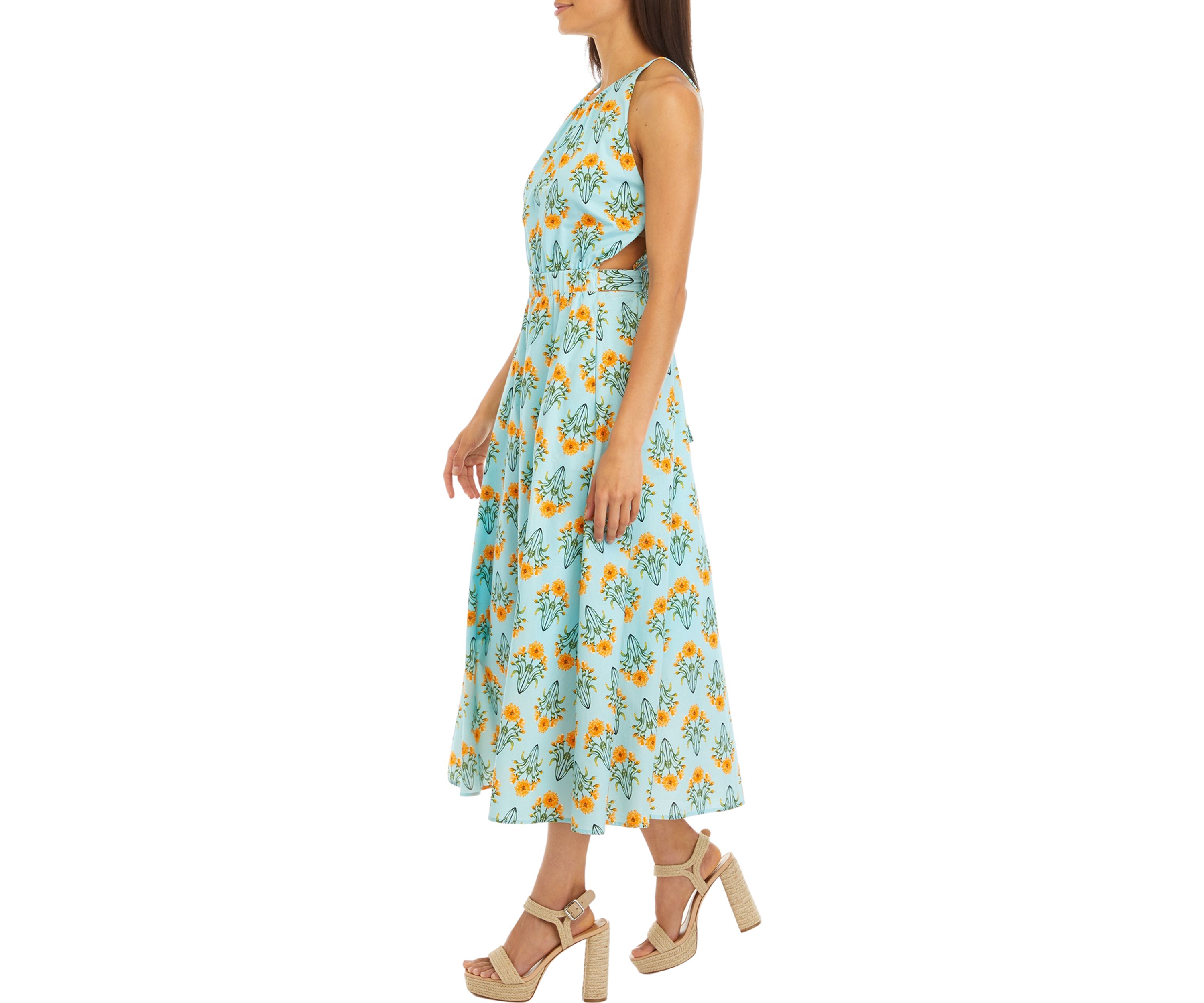 Womens Sleeveless Floral Print Midi Dress