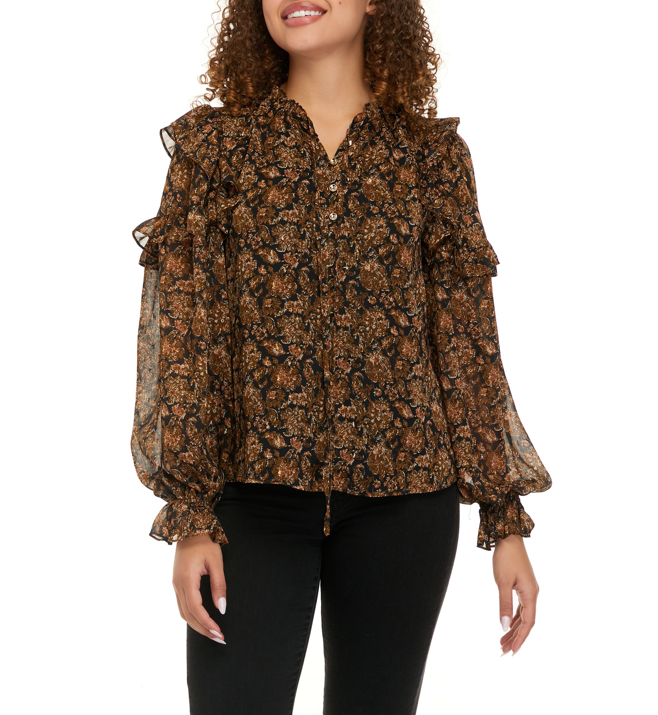 Womens Long Sleeve Chiffon Blouson Sleeve Blouse