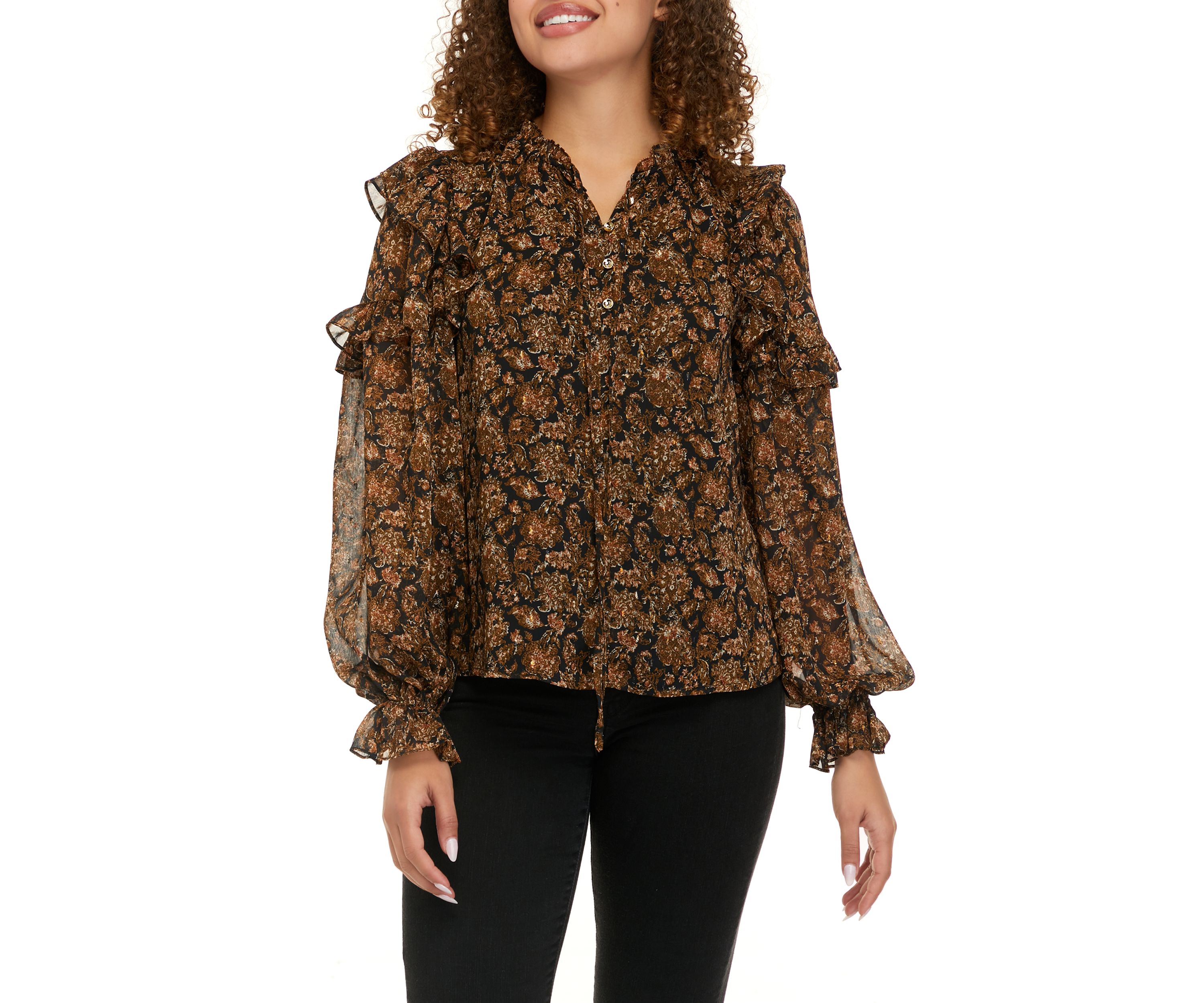 Womens Long Sleeve Chiffon Blouson Sleeve Blouse