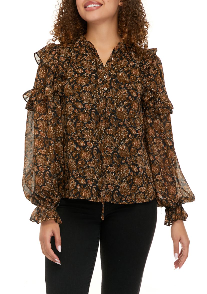 Womens Long Sleeve Chiffon Blouson Sleeve Blouse