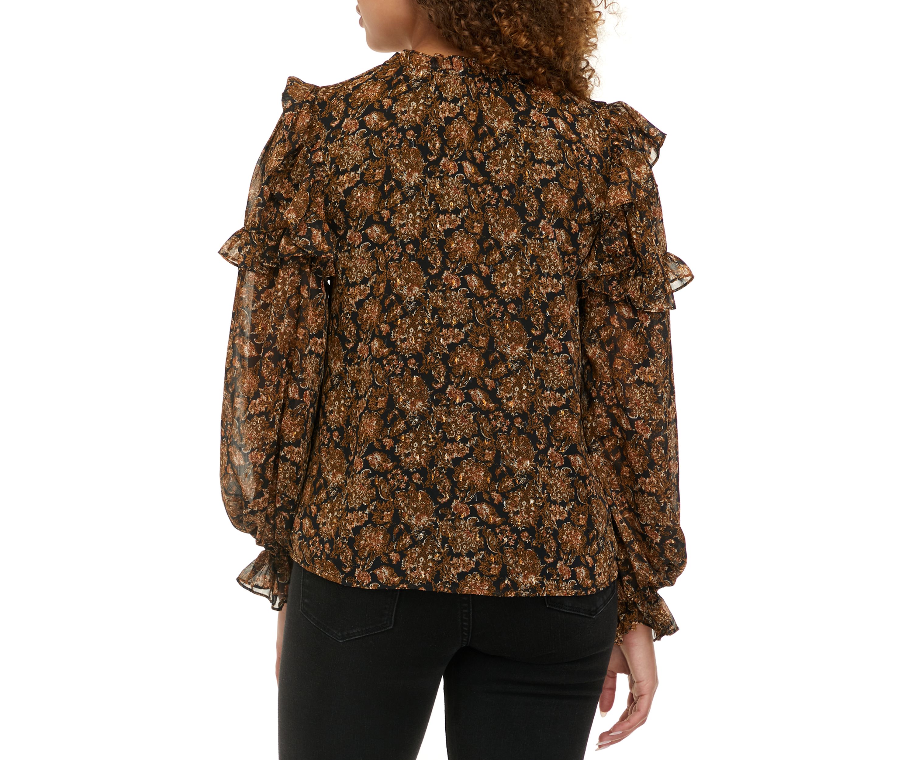 Womens Long Sleeve Chiffon Blouson Sleeve Blouse