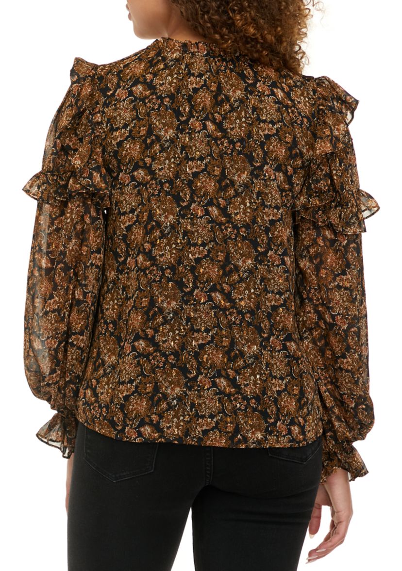 Womens Long Sleeve Chiffon Blouson Sleeve Blouse