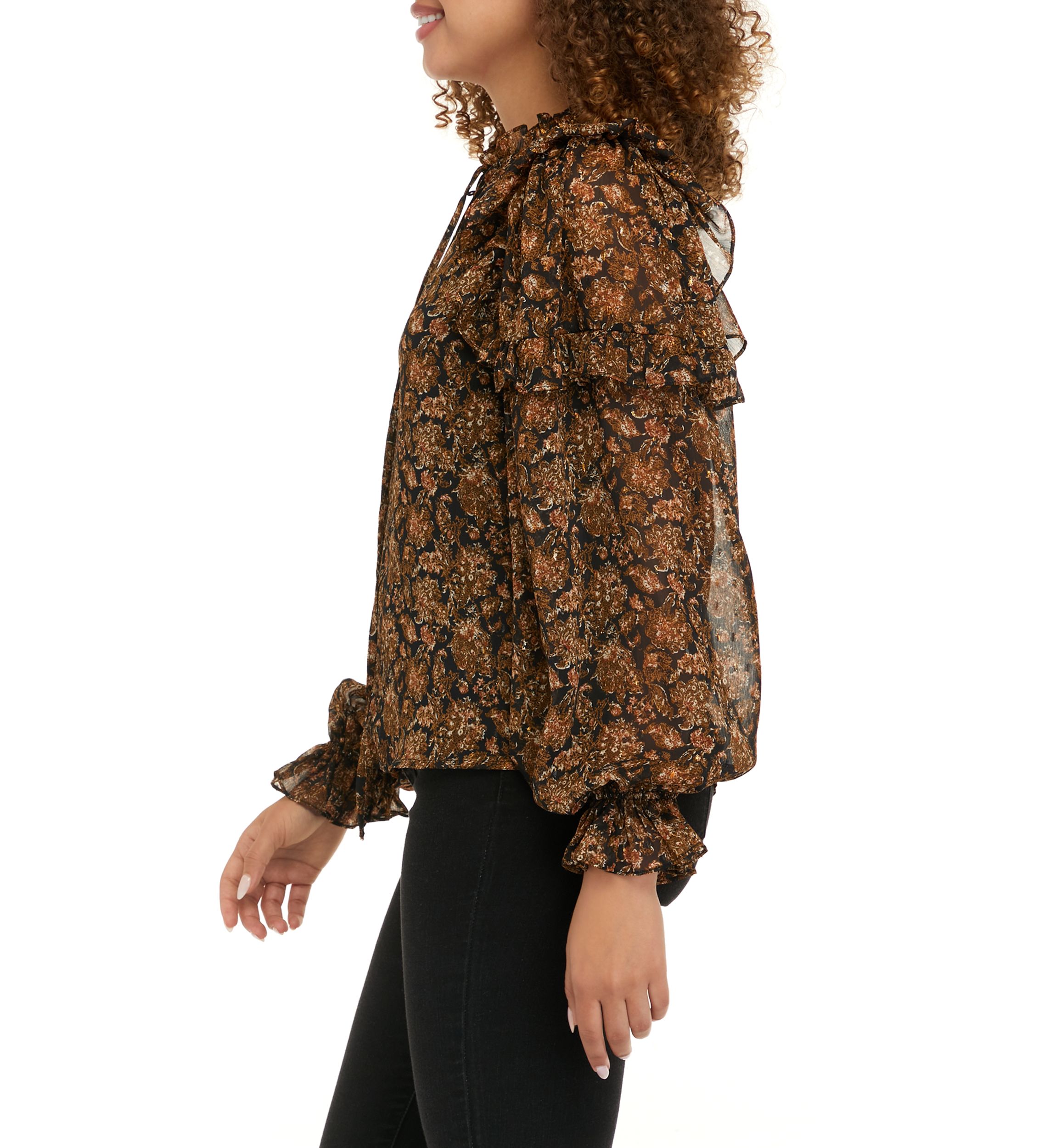 Womens Long Sleeve Chiffon Blouson Sleeve Blouse