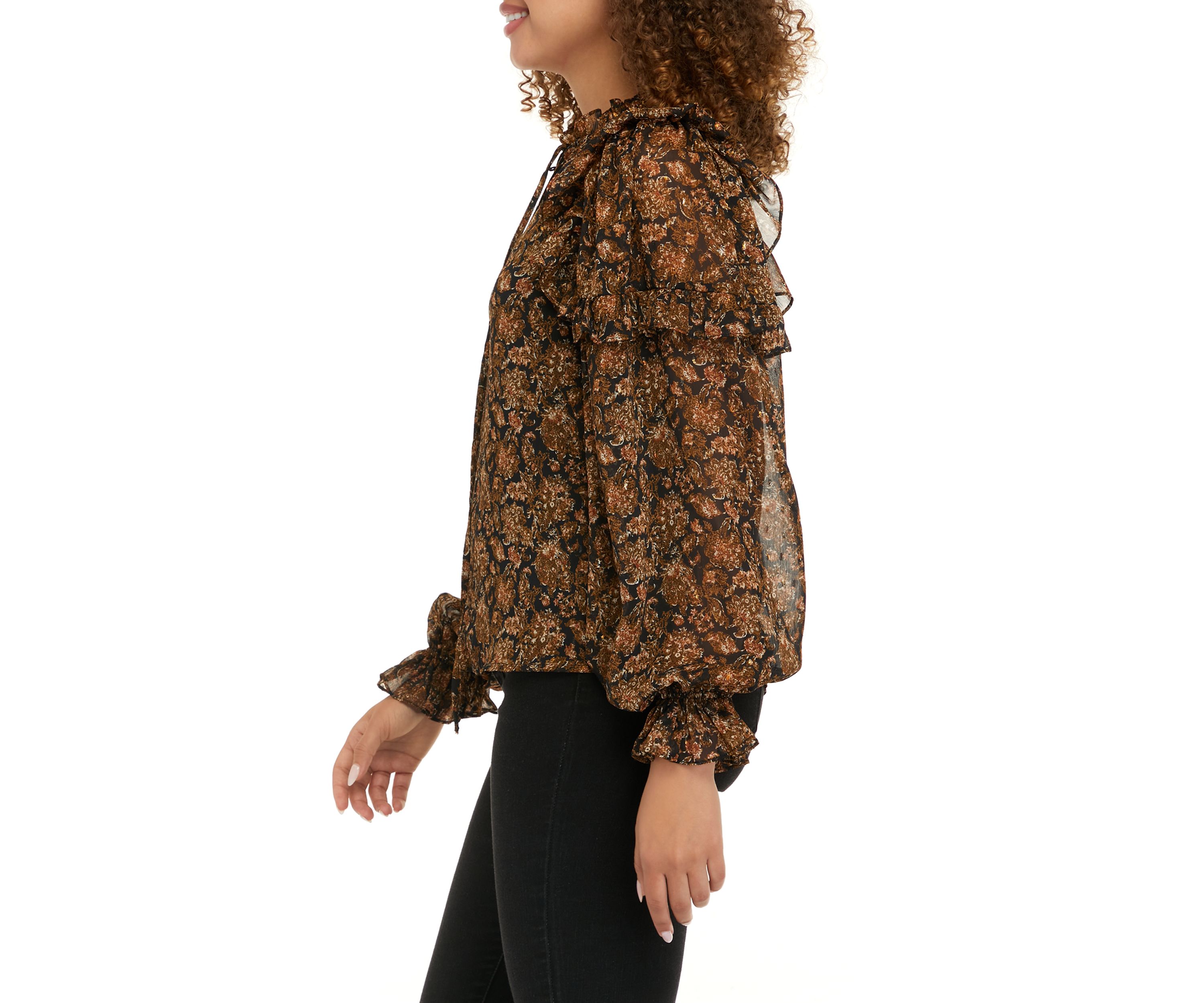 Womens Long Sleeve Chiffon Blouson Sleeve Blouse