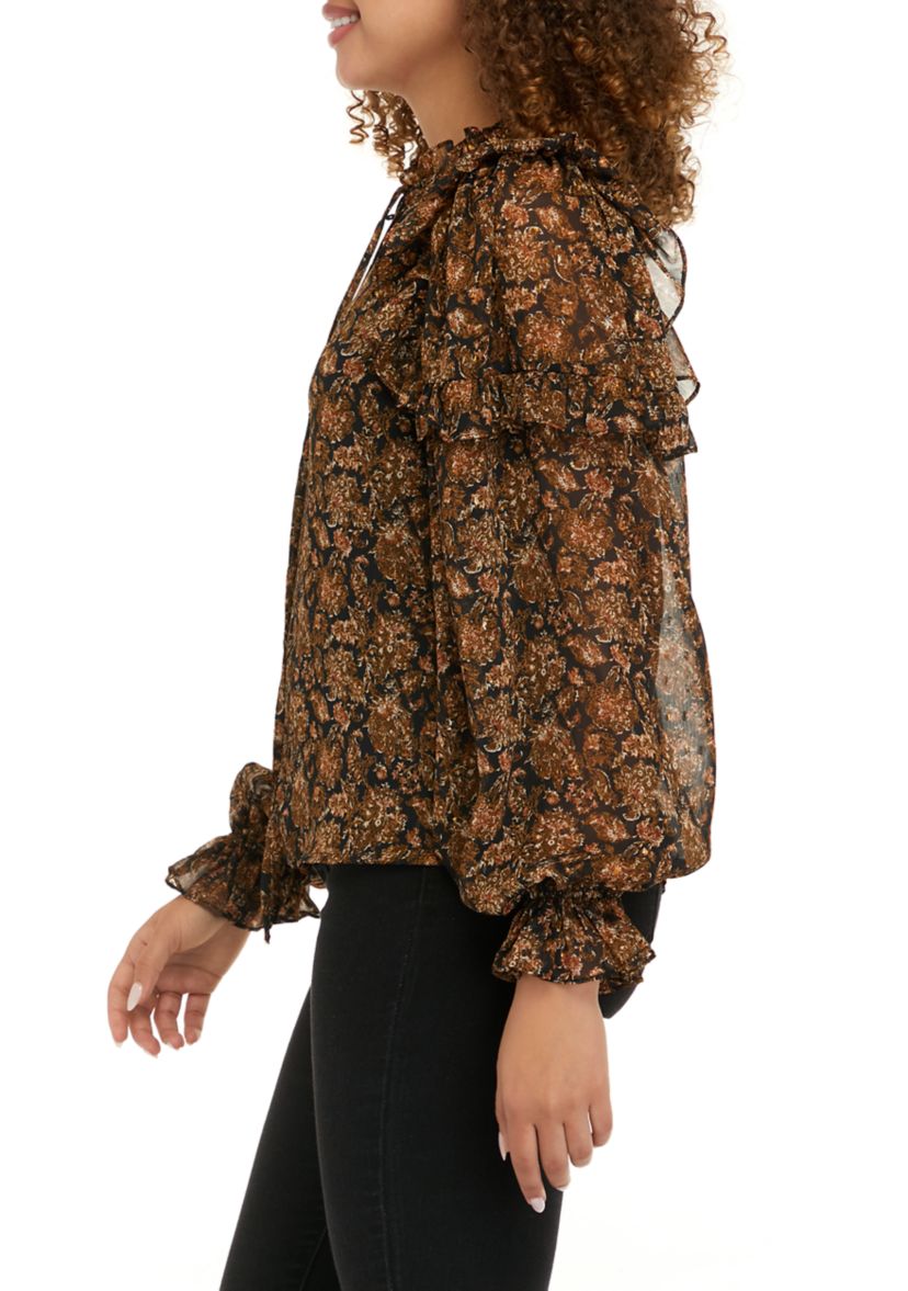 Womens Long Sleeve Chiffon Blouson Sleeve Blouse