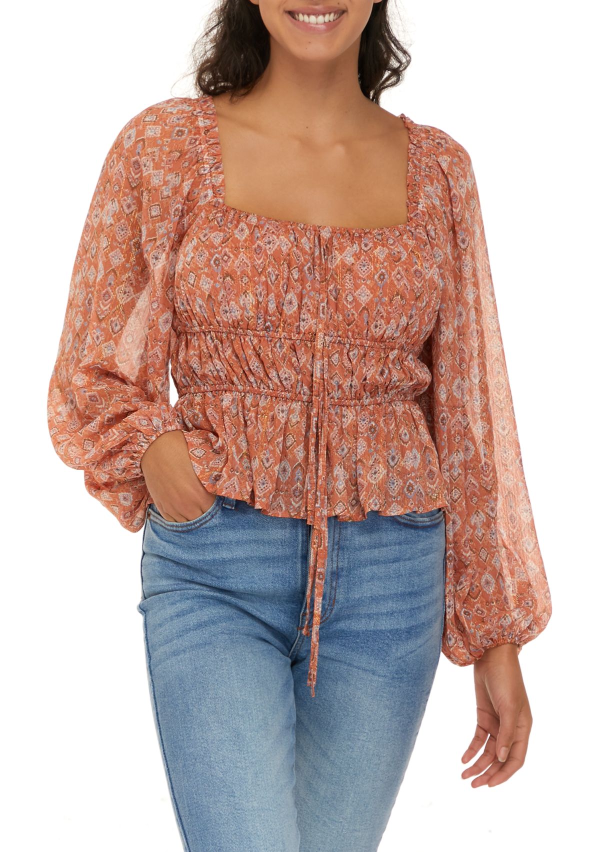 Womens Long Sleeve Smocked Square Neck Top