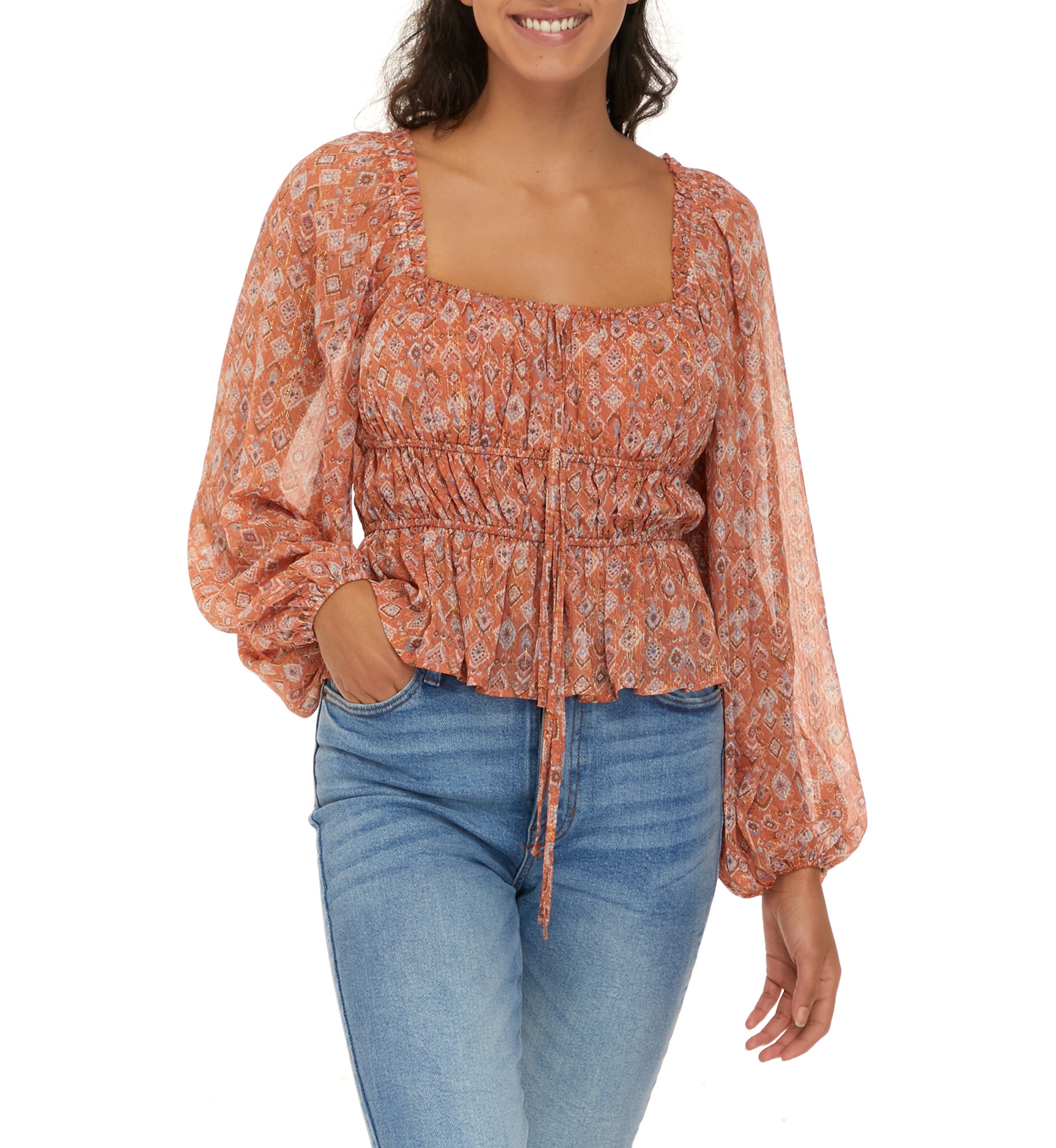 Womens Long Sleeve Smocked Square Neck Top