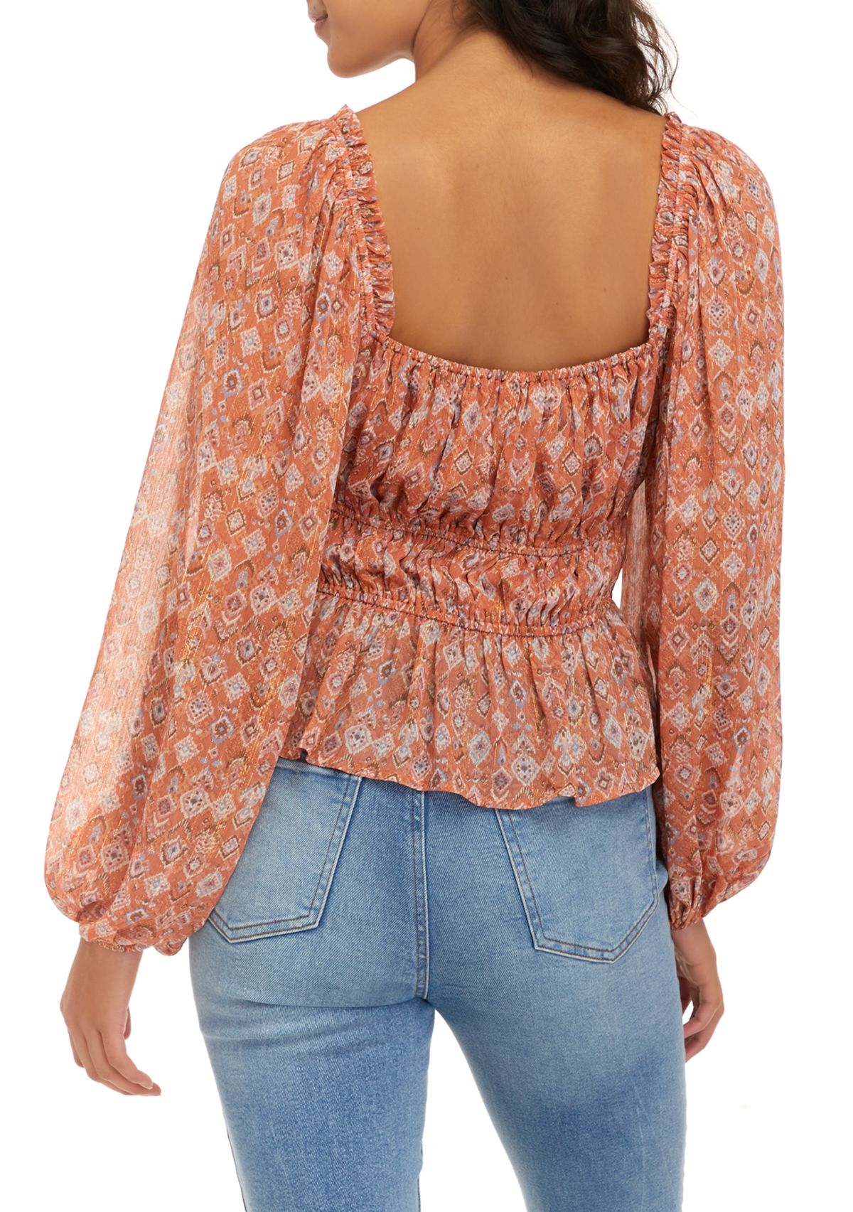 Womens Long Sleeve Smocked Square Neck Top