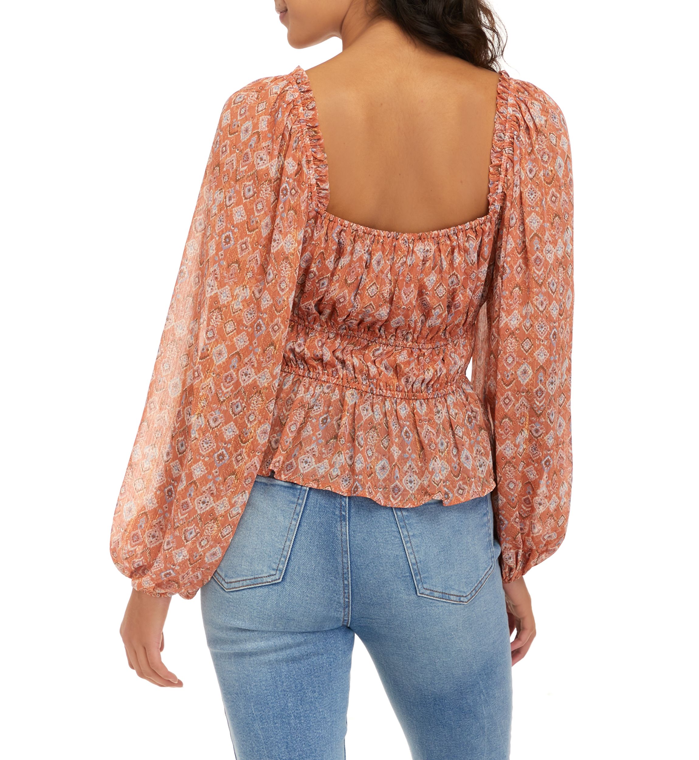 Womens Long Sleeve Smocked Square Neck Top