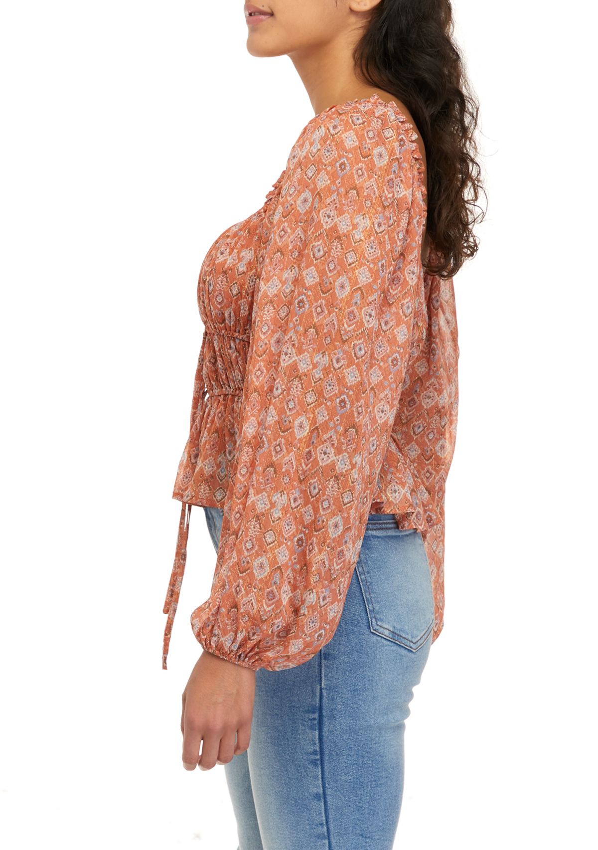 Womens Long Sleeve Smocked Square Neck Top