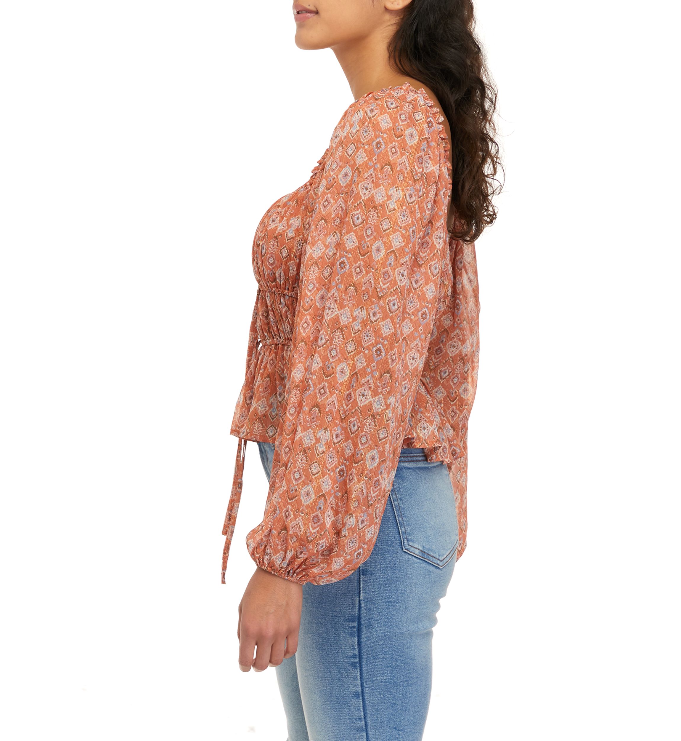 Womens Long Sleeve Smocked Square Neck Top