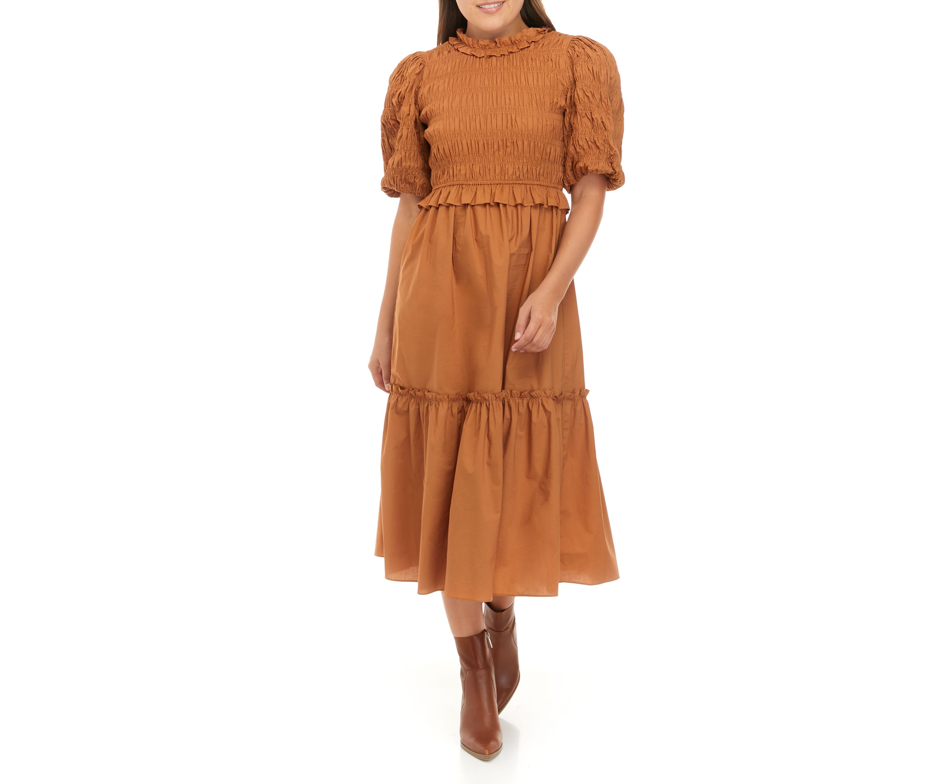 Womens Smocked Tiered Midi Dress