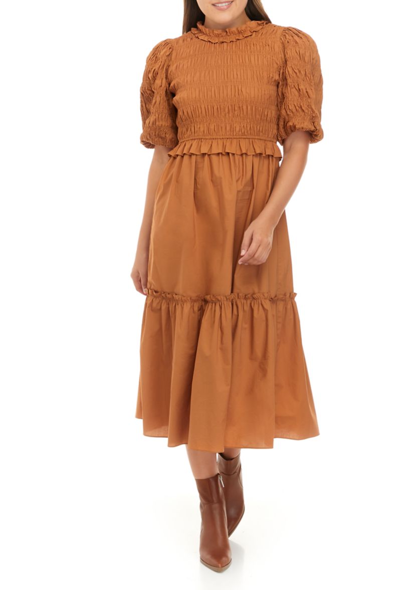 Womens Smocked Tiered Midi Dress