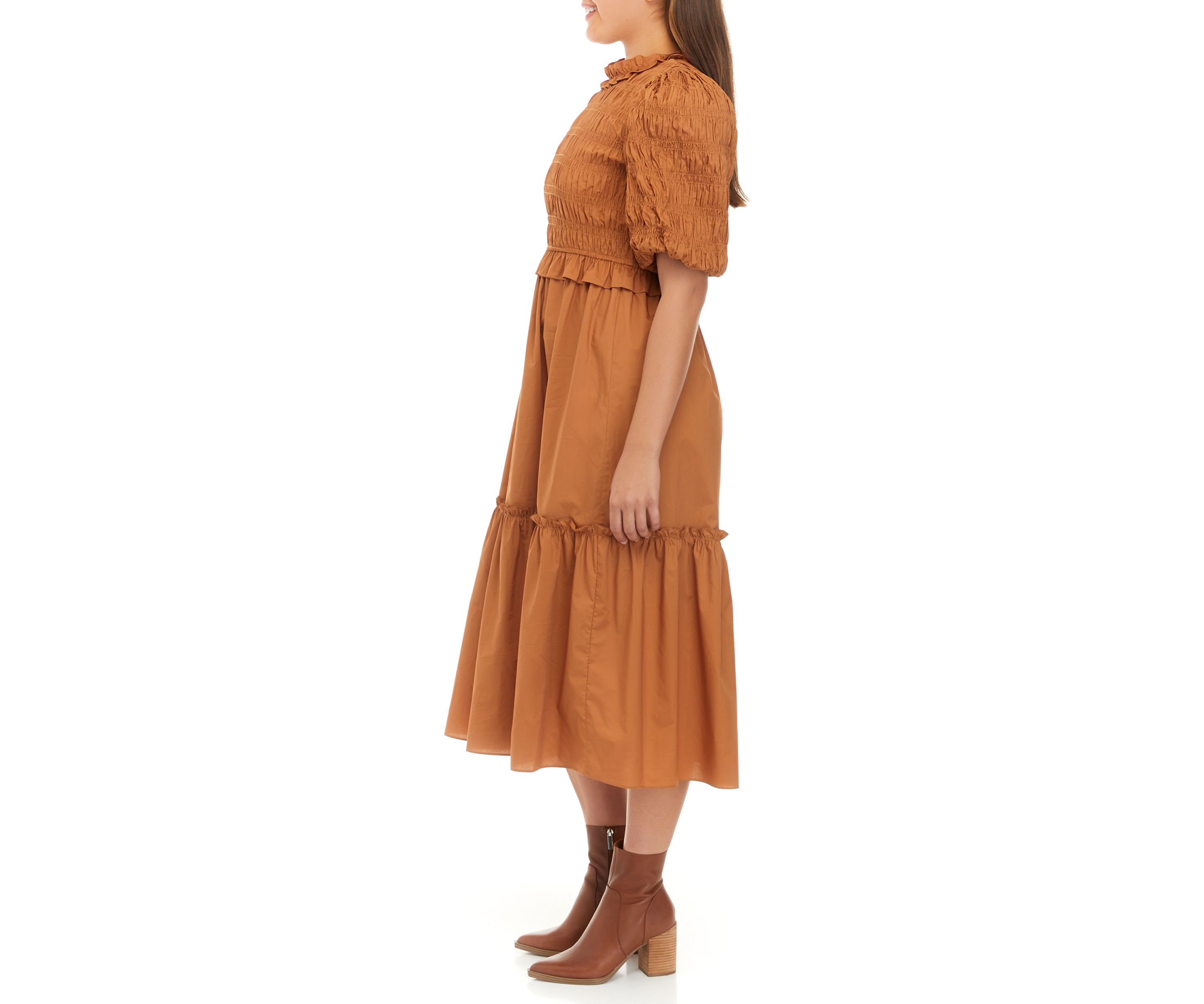 Womens Smocked Tiered Midi Dress