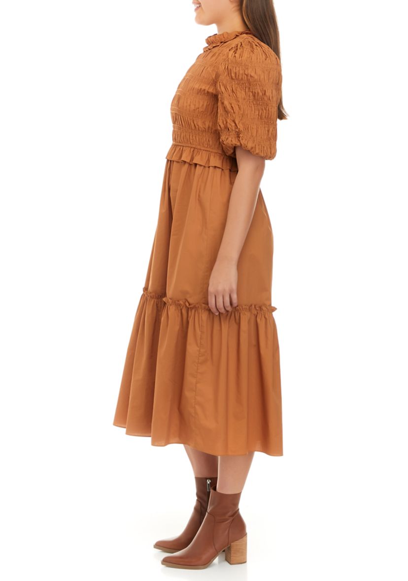 Womens Smocked Tiered Midi Dress