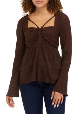 MOON RIVER Women's Long Sleeve Ruched Cut Out Blouse