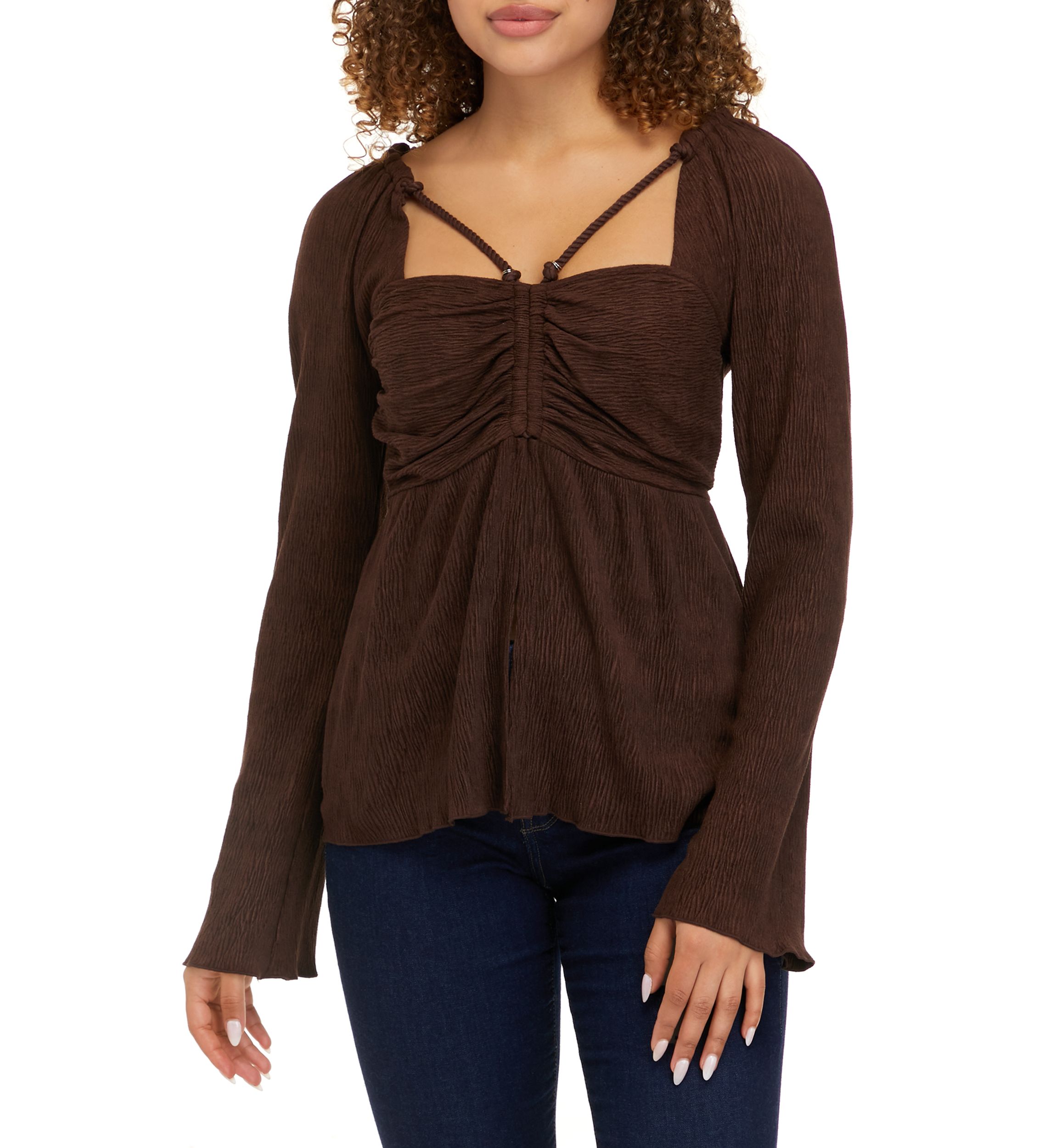 Womens Long Sleeve Ruched Cut Out Blouse