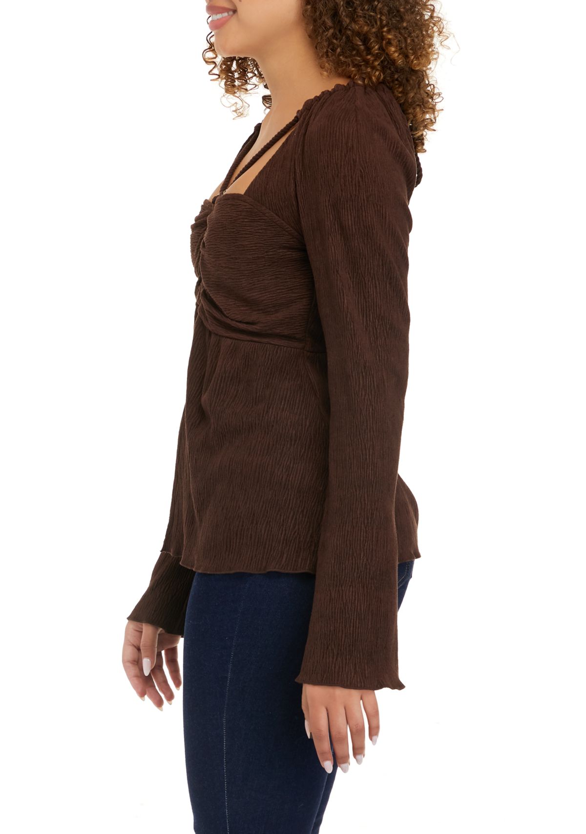 Womens Long Sleeve Ruched Cut Out Blouse