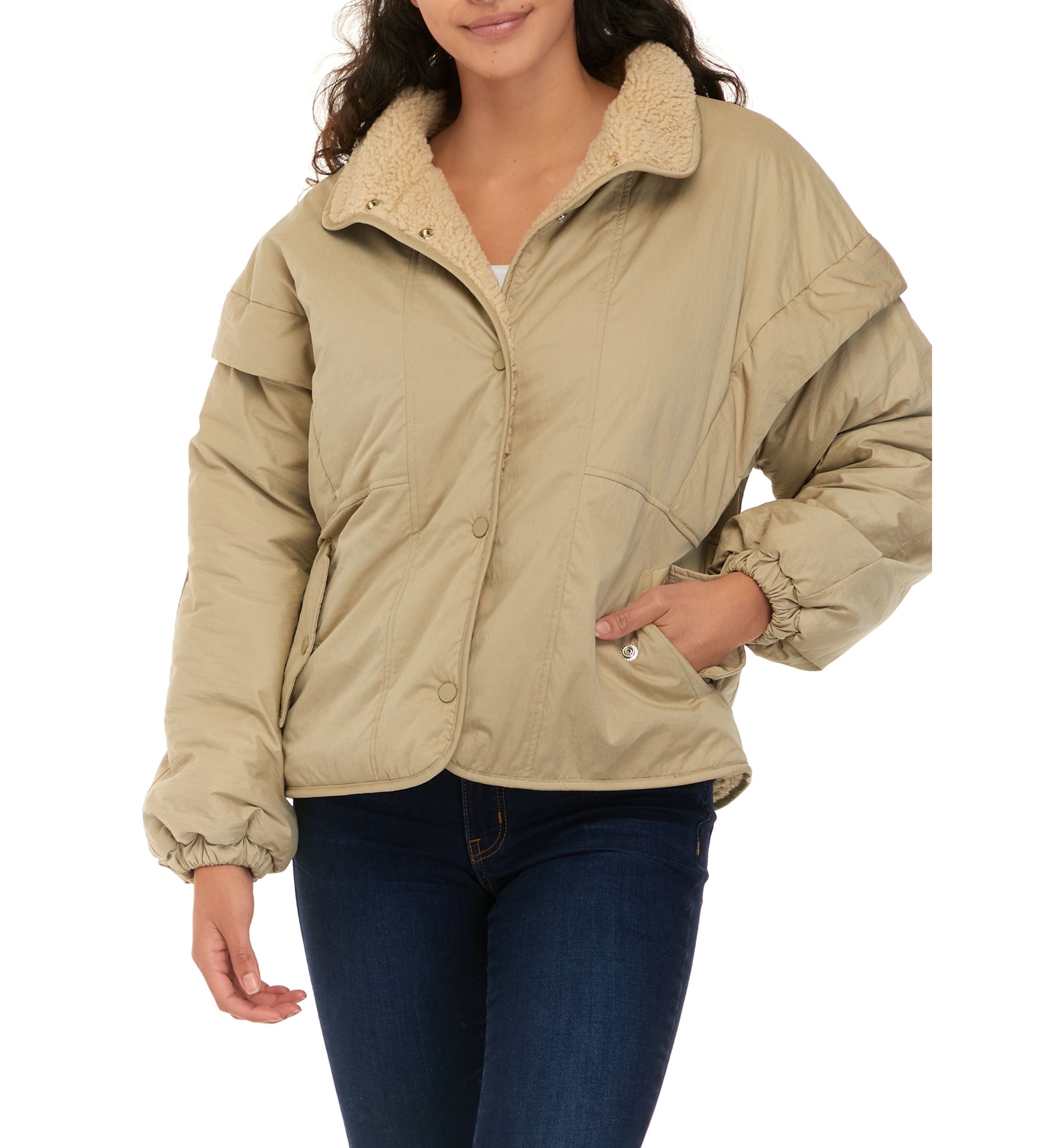 Womens Long Sleeve Sherpa Collar Puffer Jacket
