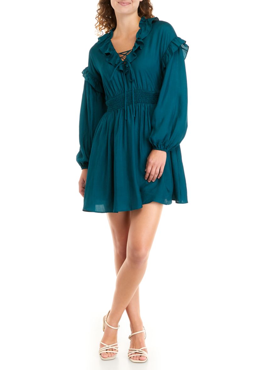 Womens Ruffled Lace Up Mini Dress
