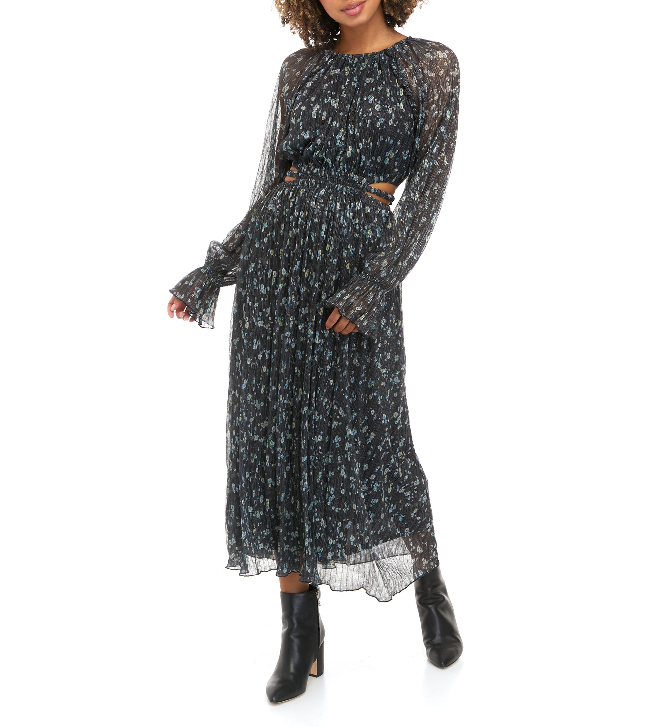 Womens Long Sleeve Pleated Metallic Print Midi Dress