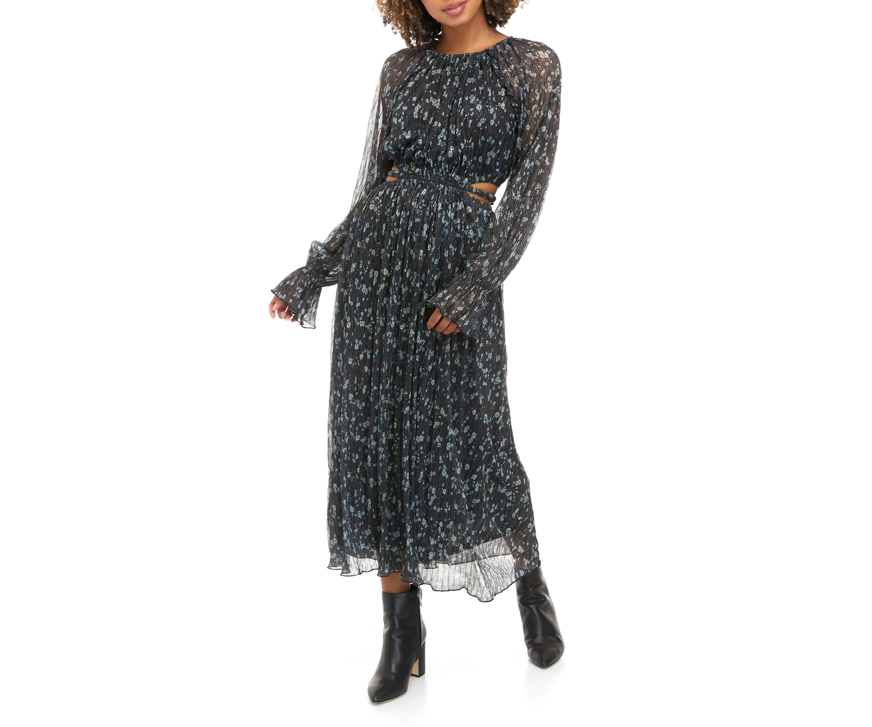 Womens Long Sleeve Pleated Metallic Print Midi Dress