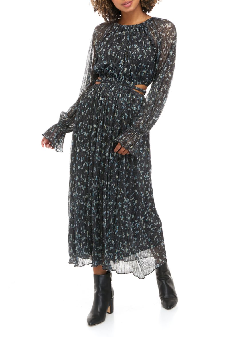 Womens Long Sleeve Pleated Metallic Print Midi Dress
