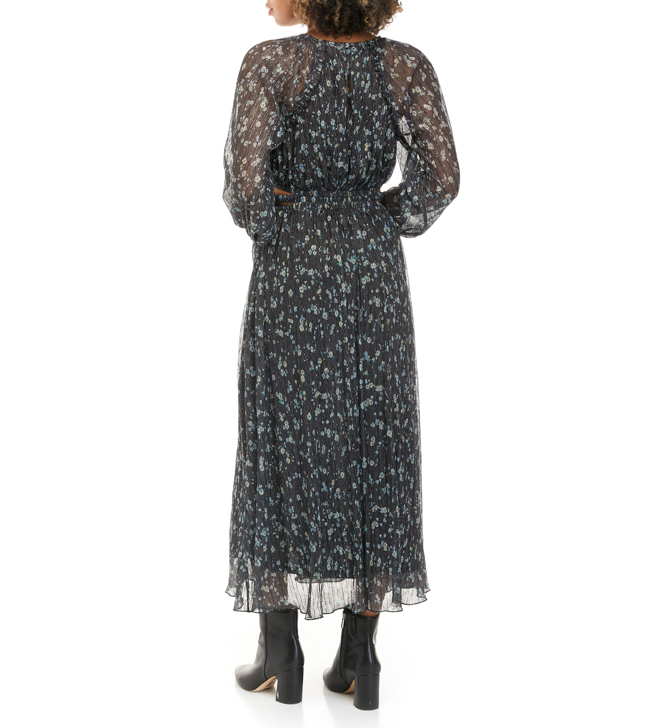 Womens Long Sleeve Pleated Metallic Print Midi Dress