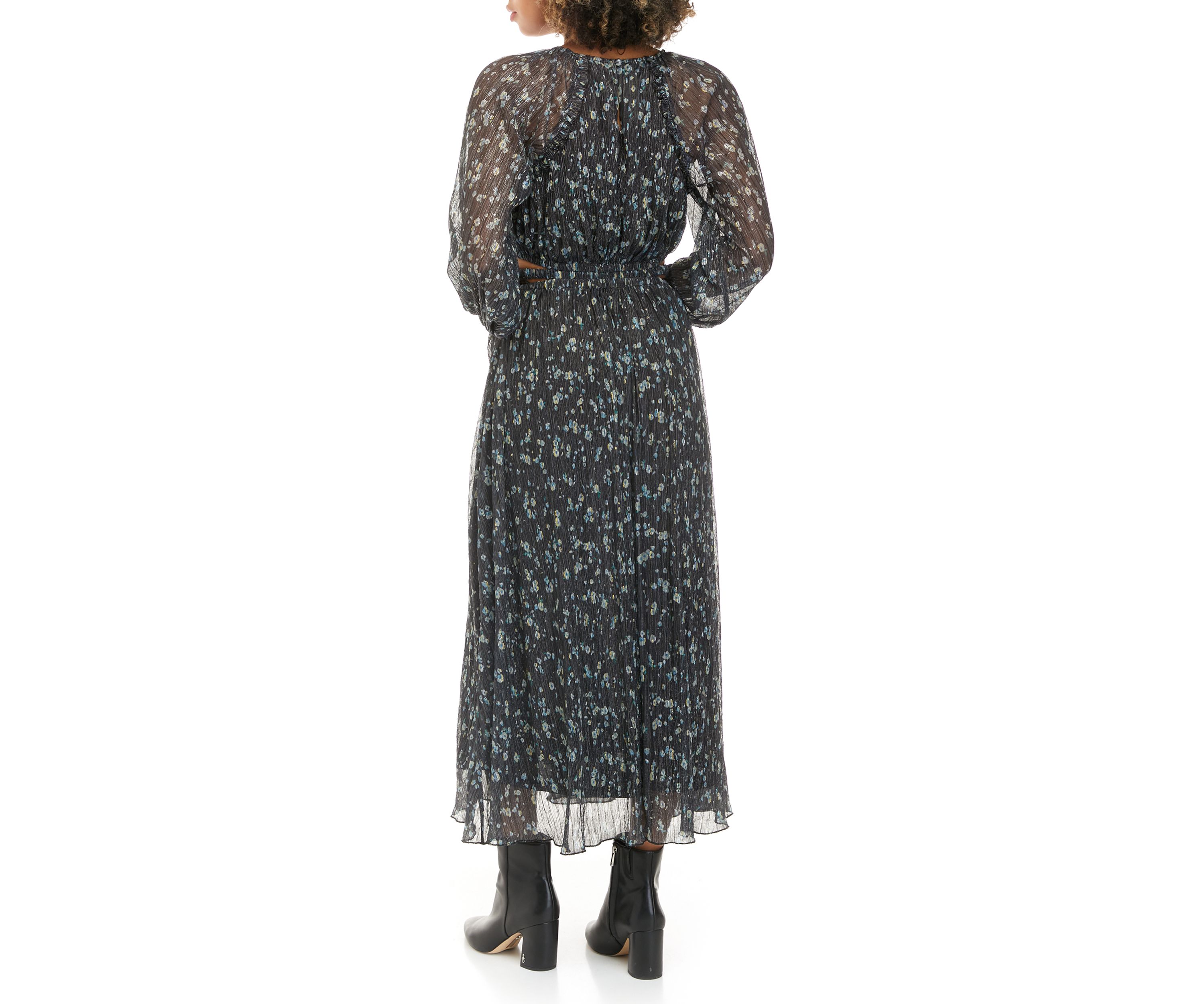 Womens Long Sleeve Pleated Metallic Print Midi Dress