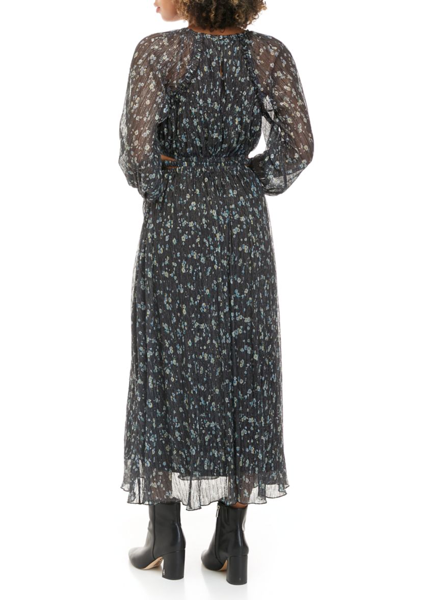Womens Long Sleeve Pleated Metallic Print Midi Dress