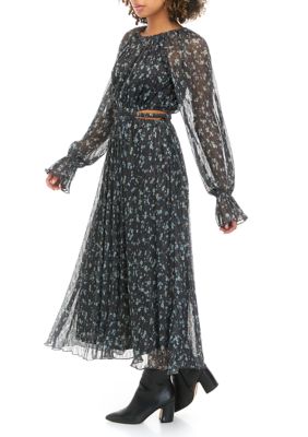 Women's Long Sleeve Pleated Metallic Print Midi Dress