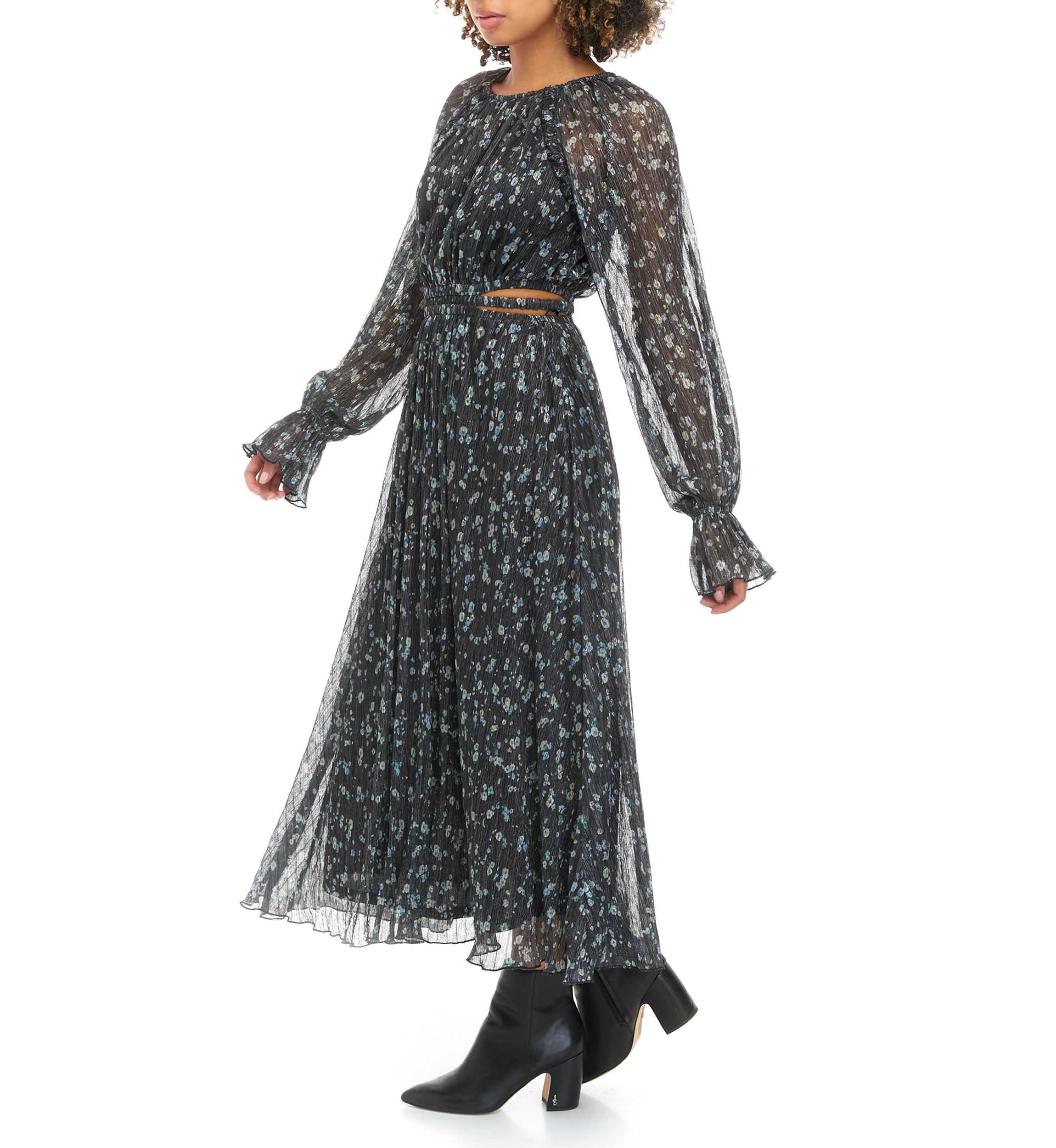 Womens Long Sleeve Pleated Metallic Print Midi Dress