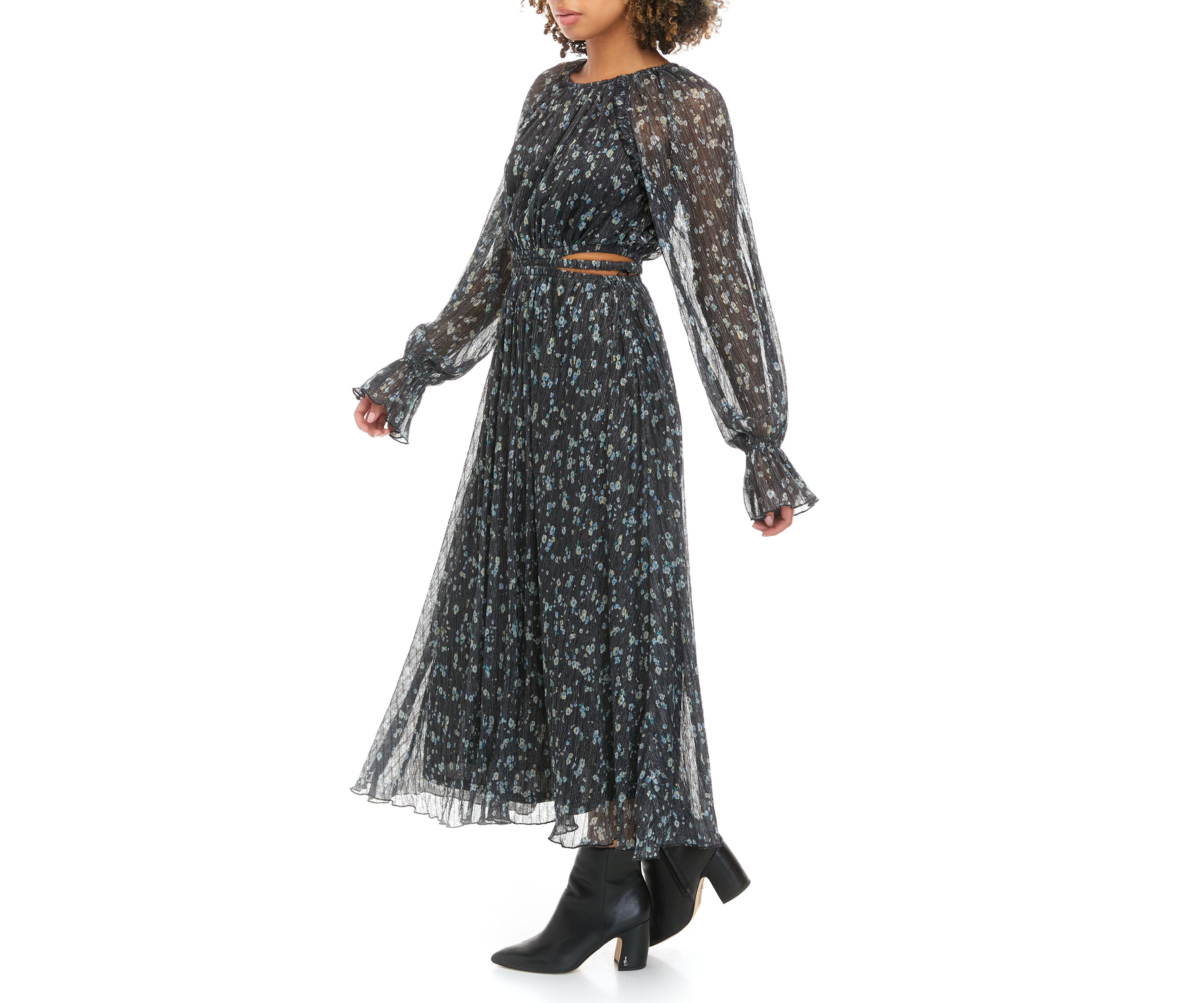 Womens Long Sleeve Pleated Metallic Print Midi Dress