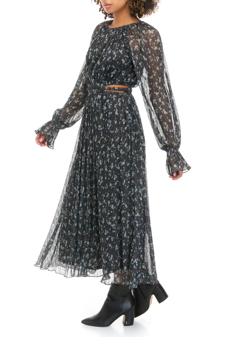 Womens Long Sleeve Pleated Metallic Print Midi Dress