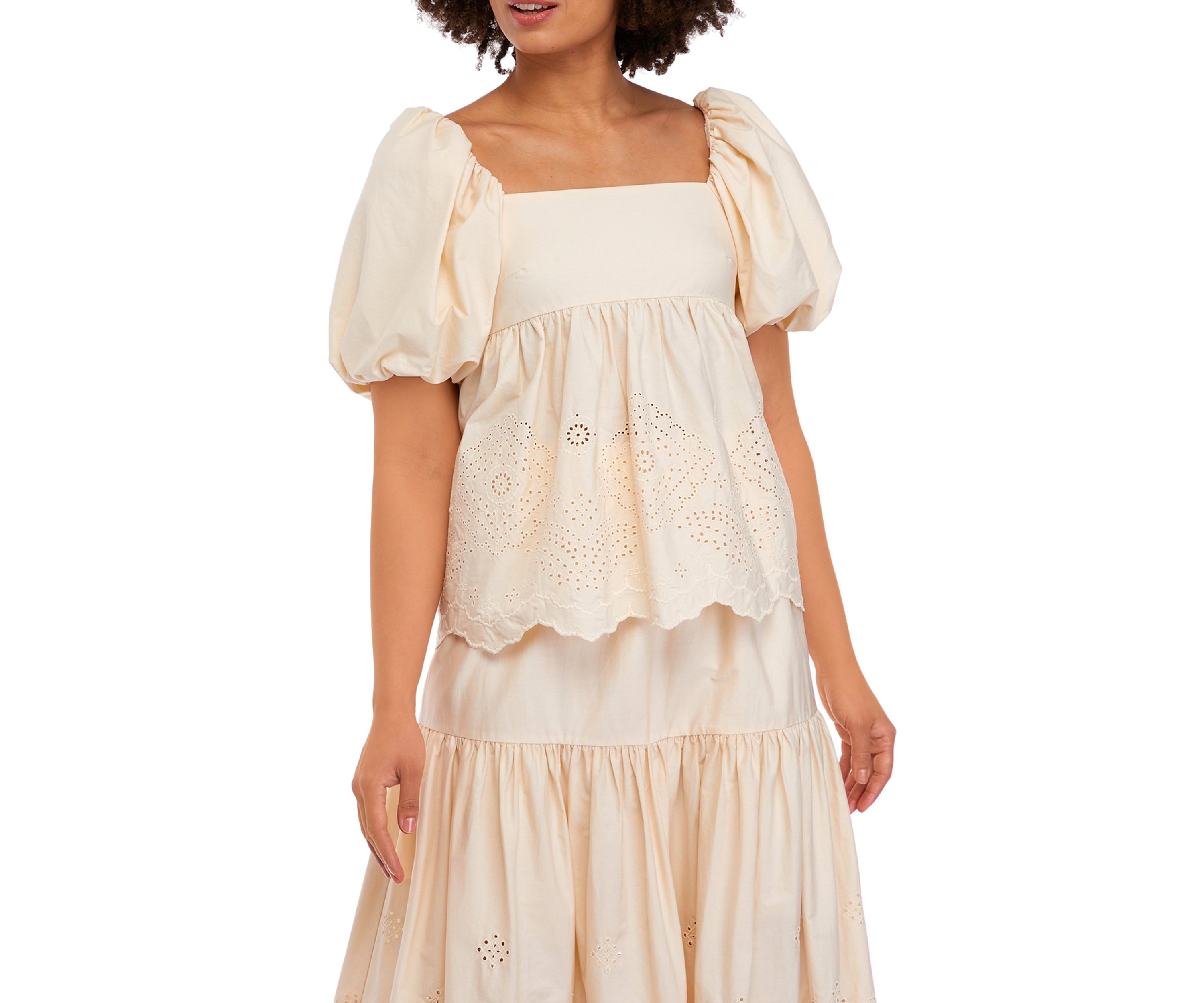 Womens Square Neck Eyelet Top with Tie Back