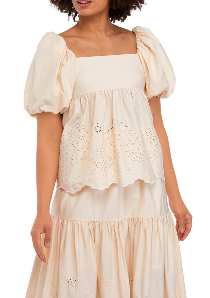 Womens Square Neck Eyelet Top with Tie Back