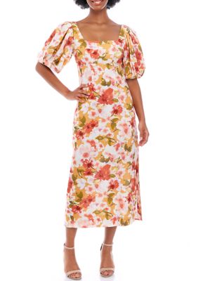 Women's Short Puff Sleeve Square Neck Printed Midi Dress