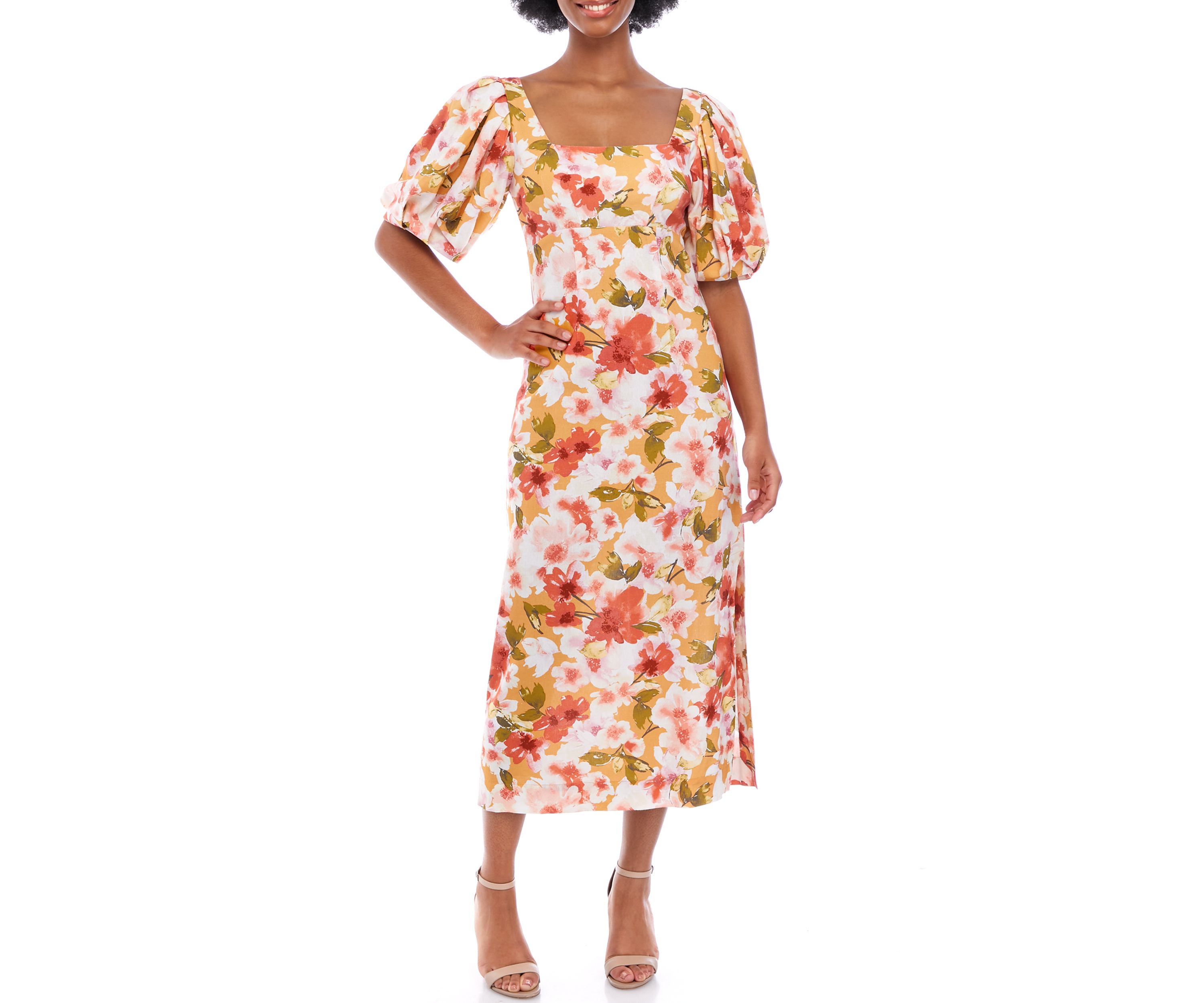 Womens Short Puff Sleeve Square Neck Printed Midi Dress