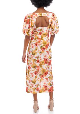 Women's Short Puff Sleeve Square Neck Printed Midi Dress